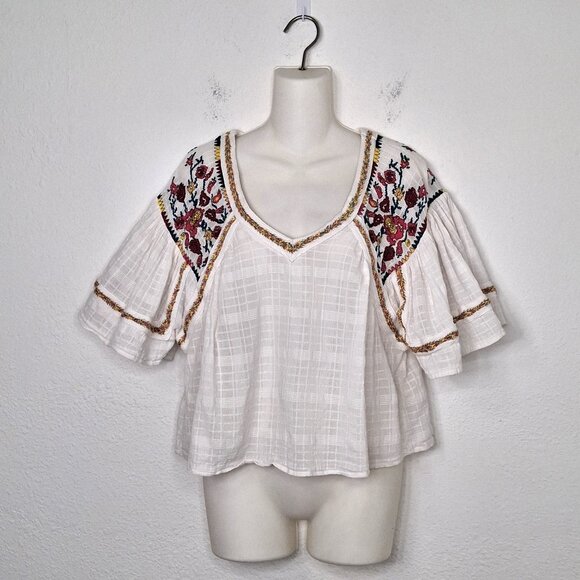 Anthropologie Pilcro Floral Embroidered Crop Blouse Sz S Boho Cottagecore Cotton - Picture 1 of 15